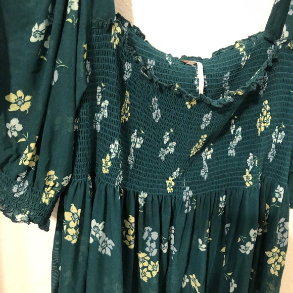 FREE PEOPLE Delta Dawn Emerald Green Floral Mesh Square Neck Smock Top Large - Picture 4 of 11